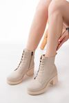 5109-3025 Beige Lace-Up Zippered Thick Heels Casual Women's Boots