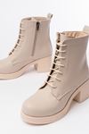 5109-3025 Beige Lace-Up Zippered Thick Heels Casual Women's Boots