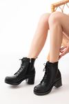 5109-3025 Black Lace-Up Zippered Thick Heels Casual Women's Boots