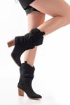 LS-1860 Black Suede Bellows Thick Heeled Casual Women's Boots