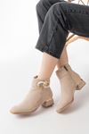 RM-504 Beige Suede Buckle Accessory Heeled Zippered Women's Casual Boots