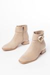 RM-504 Beige Suede Buckle Accessory Heeled Zippered Women's Casual Boots