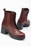 5109-3025  Burgundy Lace-Up Zippered Thick Heels Casual Women's Boots