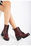 5109-3025  Burgundy Lace-Up Zippered Thick Heels Casual Women's Boots