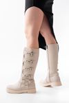 02-346 Beige Flat Heels Casual Women's Rider Boots