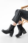 5109-3056 Black Elasticated Thick Heels Casual Women's Boots