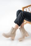 5109-3056 Beige Elasticated Thick Heels Casual Women's Boots