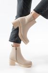5109-3057 Beige Elasticated Zippered Thick Heels Casual Women's Boots