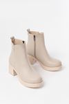 5109-3057 Beige Elasticated Zippered Thick Heels Casual Women's Boots
