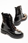 02-3055 Black Patent Leather Leopard Lace-Up Zippered Women's Boots