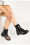 02-3055 Black Patent Leather Leopard Lace-Up Zippered Women's Boots