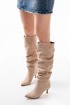 SR-2001 Beige Suede Stiletto Heeled Casual Women's Boots