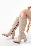 YSN-4422 Beige Croco Heeled Women's Boots