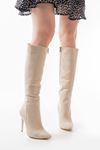 LS-226 Beige Suede Zipper Elasticated Thin High Heels Women's Boots