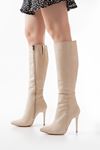 LS-226 Beige Suede Zipper Elasticated Thin High Heels Women's Boots