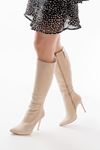 LS-226 Beige Suede Zipper Elasticated Thin High Heels Women's Boots