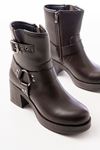 5109-3042 Casual Women's Boots with Zippered Thick Heels with Brown Buckle Accessory