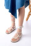 1001-1001 White Ankle Lace-Up Women's Sandals