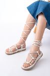 1001-1001 White Ankle Lace-Up Women's Sandals