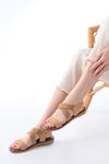 205-04 Beige Single Band Elasticated Genuine Leather Orthopedic Sole Women Sandals