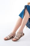 205-014 Beige Laser Cut Genuine Leather Orthopedic Sole Casual Women's Sandals
