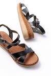 731-045 Black Cross Genuine Leather Padded Heels Casual Women's Sandals