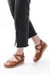 731-045 Tan Cross Genuine Leather Padded Heels Casual Women's Sandals