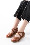 731-045 Tan Cross Genuine Leather Padded Heels Casual Women's Sandals