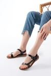 205-090 Black Genuine Leather Buckle Women's Sandals