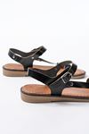 205-090 Black Genuine Leather Buckle Women's Sandals