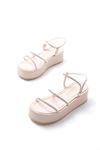 861-1008 Beige Silver Stone Padded Heeled Women's Sandals