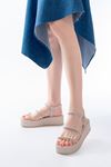 861-1008 Beige Silver Stone Padded Heeled Women's Sandals