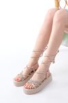 861-1010 Beige Silver Stone Ankle Tie Women's Sandals