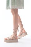 861-1010 Beige Silver Stone Ankle Tie Women's Sandals