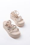 861-1010 Beige Silver Stone Ankle Tie Women's Sandals