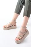 861-1222 Beige Buckle Ankle Tie Padded Women's Sandals