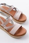 730-152 Beige Knit Pattern Genuine Leather Orthopedic Sole Women Sandals
