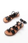 205-01 Black Ankle Tie Orthopedic Genuine Leather Women's Sandals