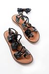 205-01 Black Ankle Tie Orthopedic Genuine Leather Women's Sandals