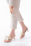 S-622 Beige Orchid Detailed Thin Heeled Women's Slippers