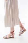 205-01 Silver Ankle Tie Orthopedic Genuine Leather Women's Sandals