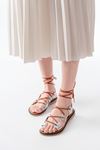 205-01 Silver Ankle Tie Orthopedic Genuine Leather Women's Sandals