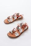 205-01 Silver Ankle Tie Orthopedic Genuine Leather Women's Sandals