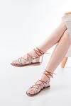 205-01 Silver Ankle Tie Orthopedic Genuine Leather Women's Sandals