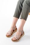 730-138 Beige Knit Genuine Leather Orthopedic Sole Women Sandals