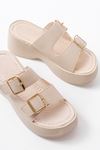 24414-574 Beige Casual Buckle Padded Heel Women Slippers
