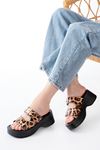 24414-574 Leopard Patent Leather Casual Buckle Padded Heel Women Slippers