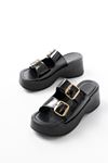 24414-574 Black Patent Leather Casual Buckle Padded Heel Women Slippers