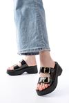 24414-574 Black Patent Leather Casual Buckle Padded Heel Women Slippers