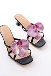S-622 Black Purple Orchid Detailed Thin Heeled Women's Slippers